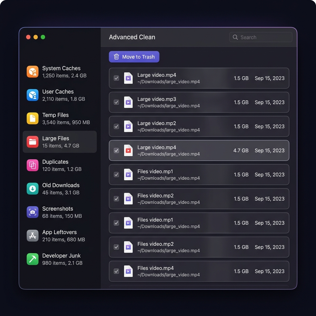 Advanced Clean mode with category sidebar and file list