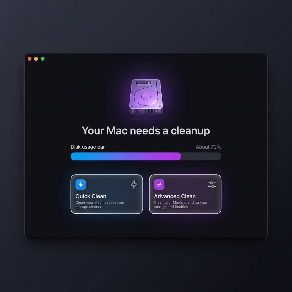 Roomie app — home dashboard showing disk usage and cleaning modes